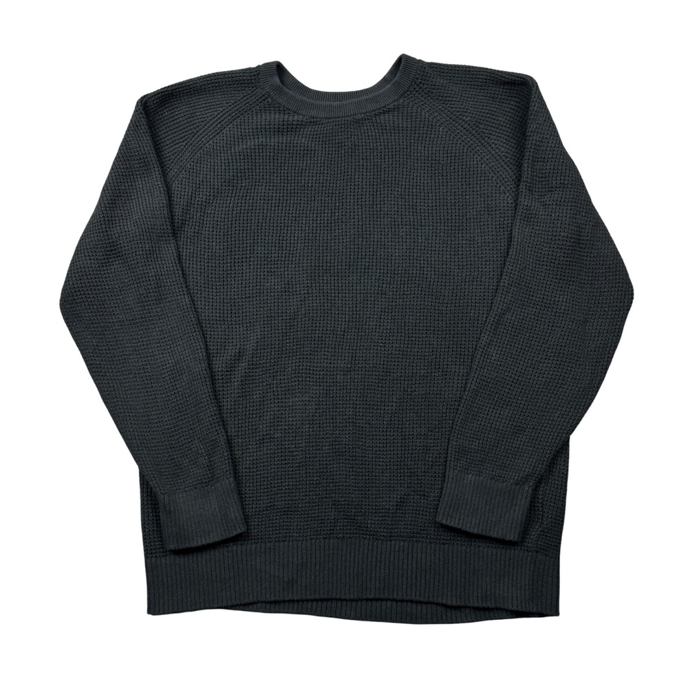 Gap Mens Large Black Waffle Knit Cotton Crewneck Raglan Sweater Pullover Minimal
